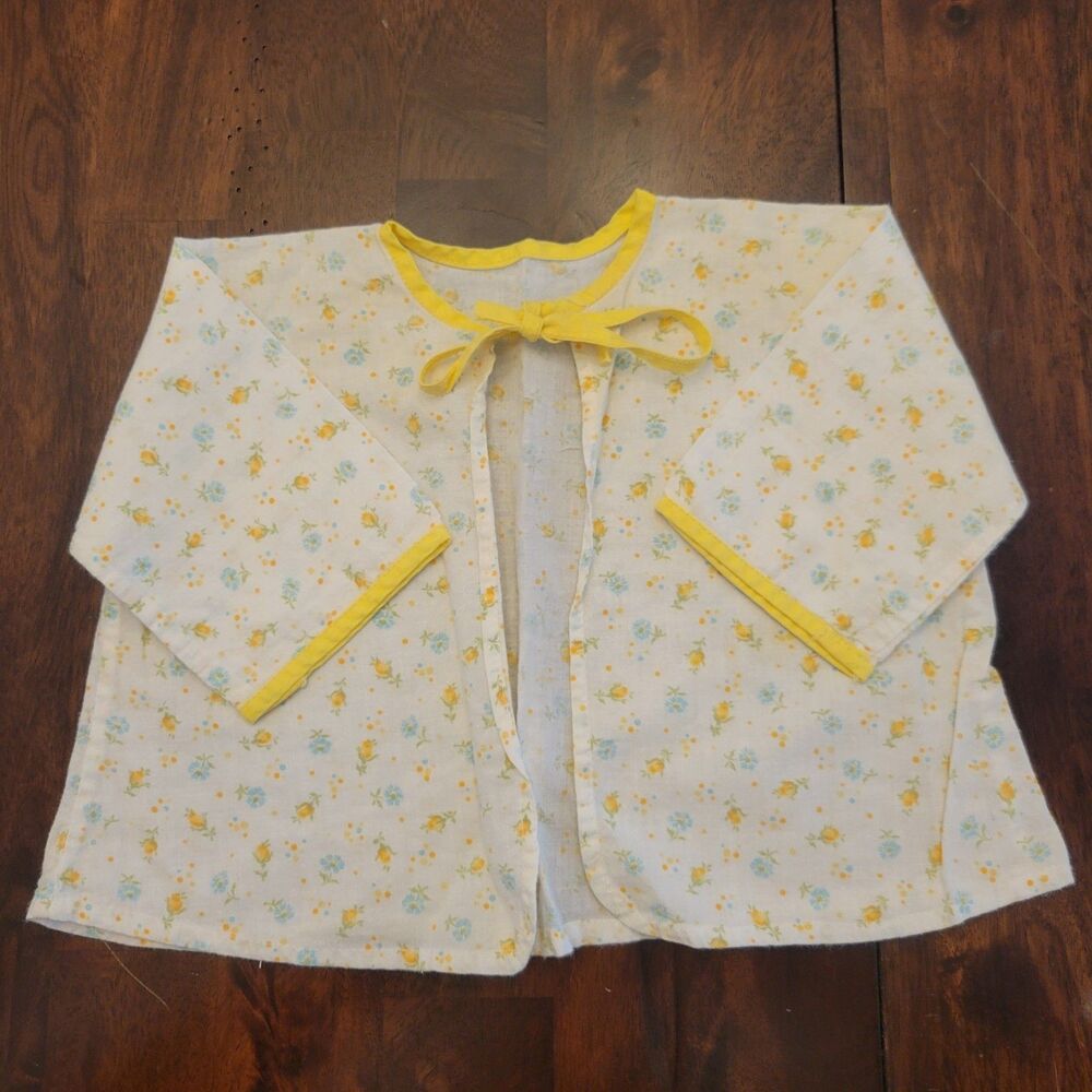 Vintage Yellow Floral Flannel Baby Open Front Tie Top Cotton Infant 9-12M